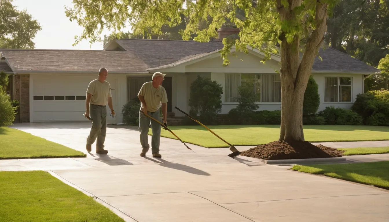 A newly poured concrete driveway beside an older brick ranch home in Bellaire on a sunny morning
