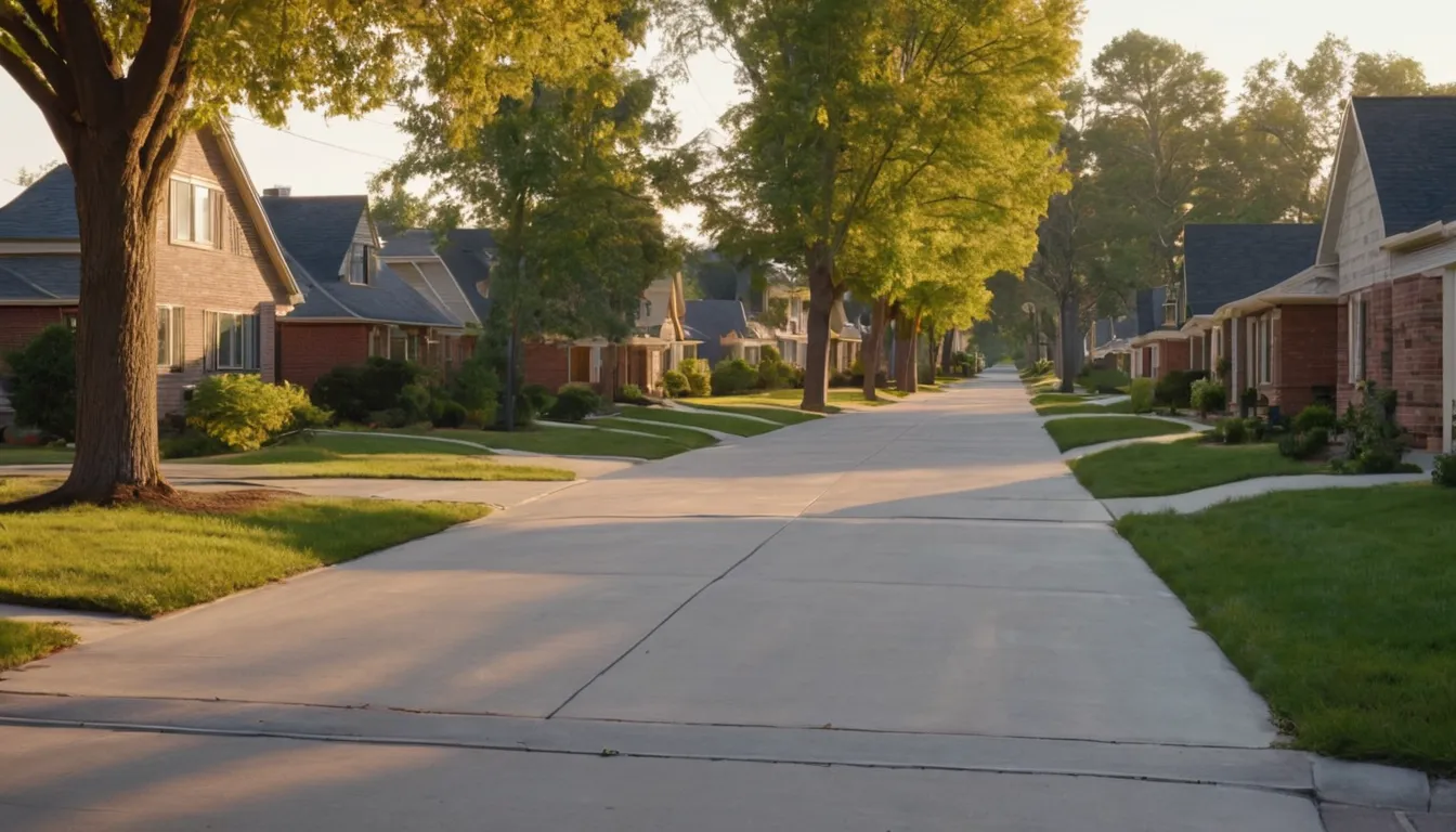 A neighborhood street with older homes and updated concrete driveways in Bellaire